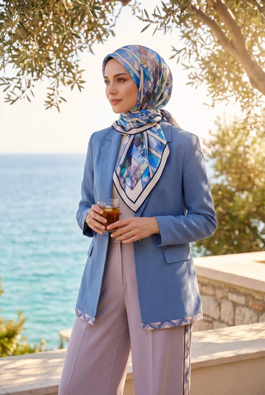 %100 Twill İpek Bahar Çiçekleri Desenli Bebe Mavisi - İndigo Renkli 90x90 Eşarp Kenar Dikiş Şekli El Dikişli