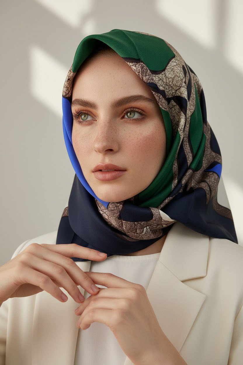 % 57 İPEK % 43 VİSKON Twill İpek Gold Efektli Geometrik Desenli Lacivert - Zümrüt Yeşili Renkli 90x90 Eşarp Dikim Şekli : El Dikişi