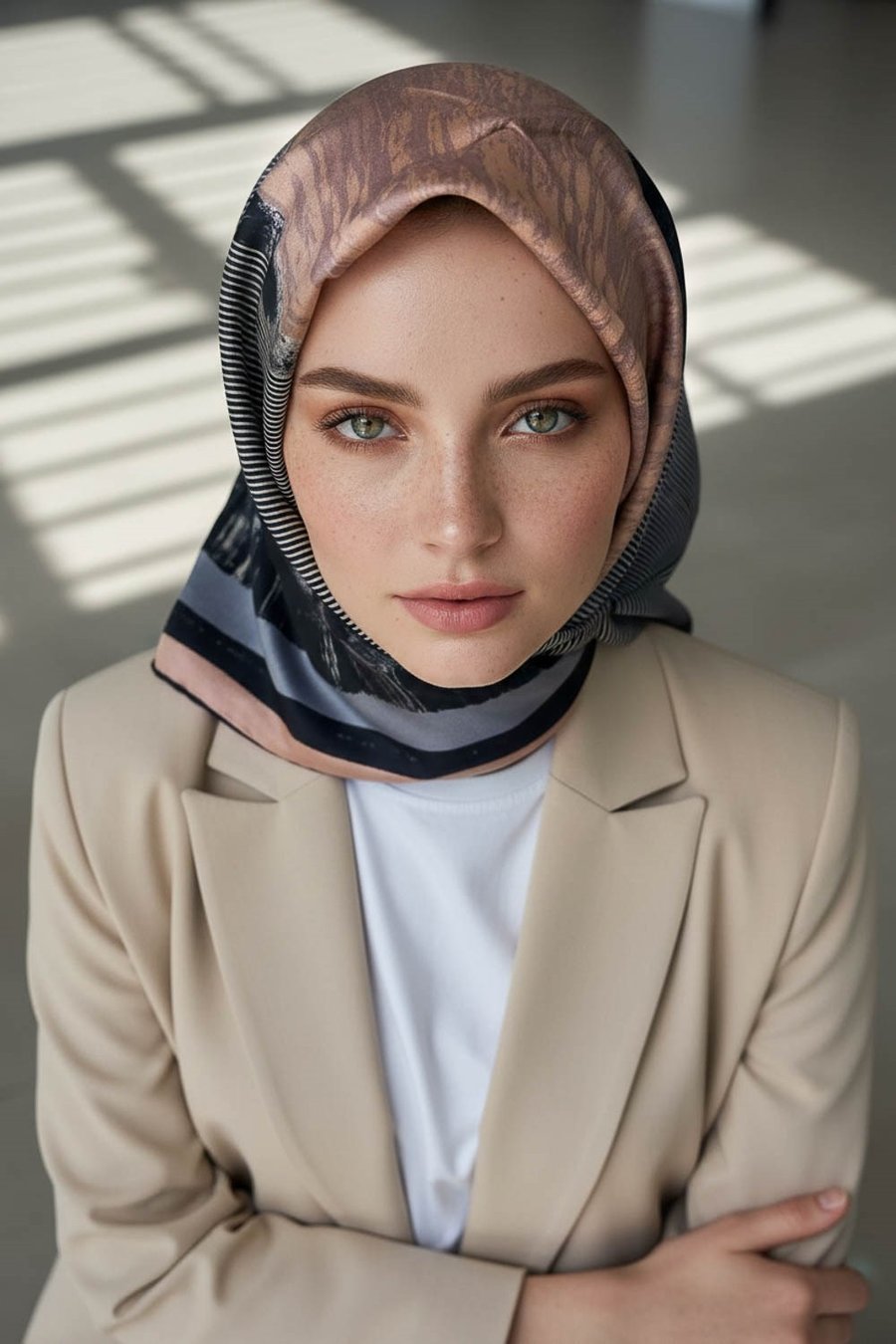%100 Twill İpek Eşarp 90x90 Somon Bebe Mavisi Geometrik Desenli El Dikişli Kadın Eşarp