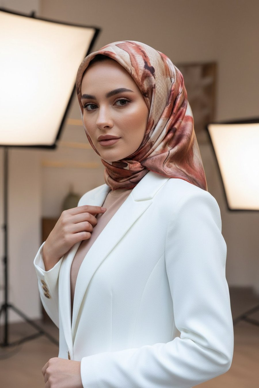 %100 Twill İpek Suluboya Çiçek Desenli Hardal - Taba Renkli 90x90 Eşarp Dikim Şekli : El Dikişi