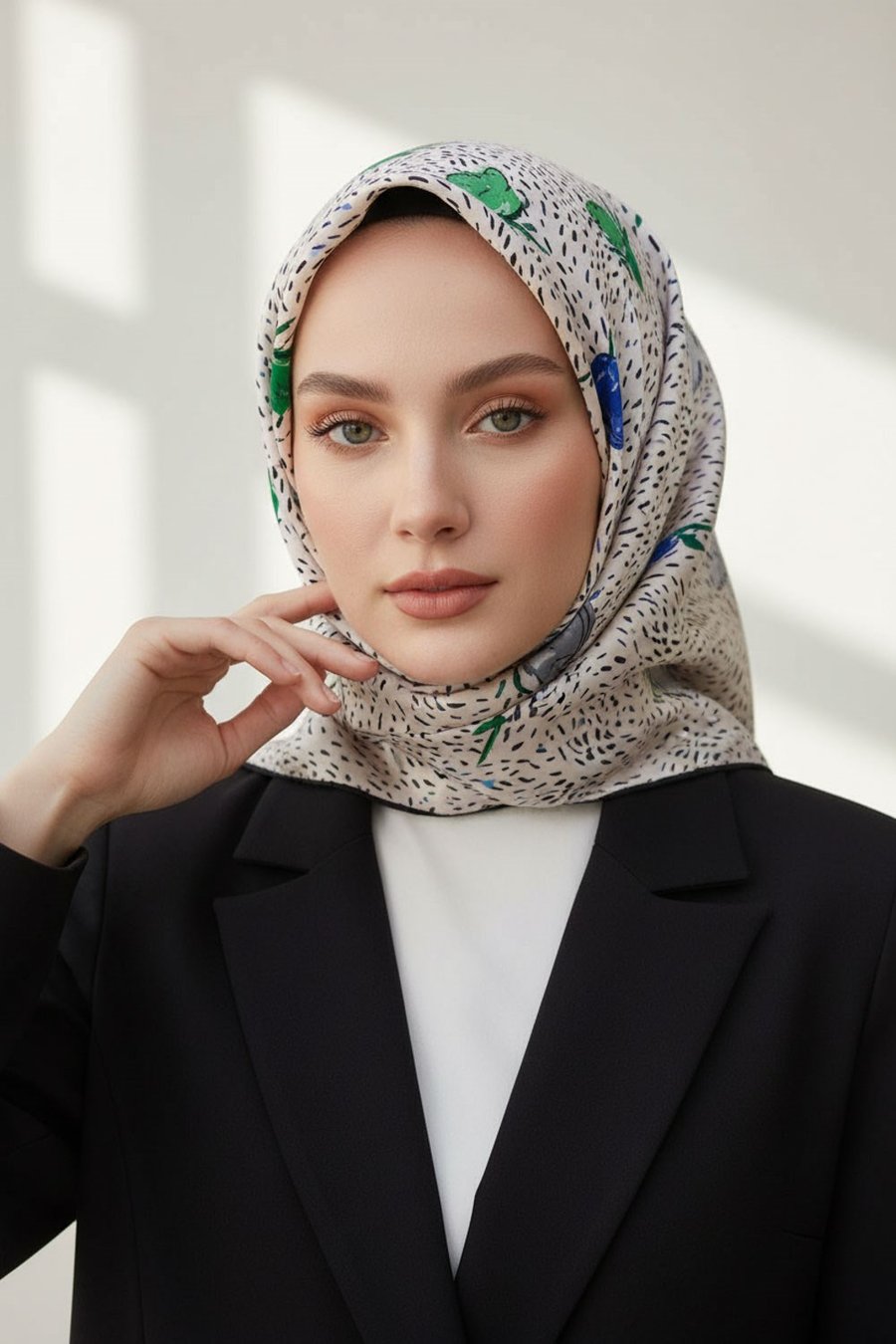 %100 Twill İpek Çıtır Çiçek Desenli Saks - Zümrüt Yeşili Renkli 90x90 Eşarp Dikim Şekli : El Dikişi