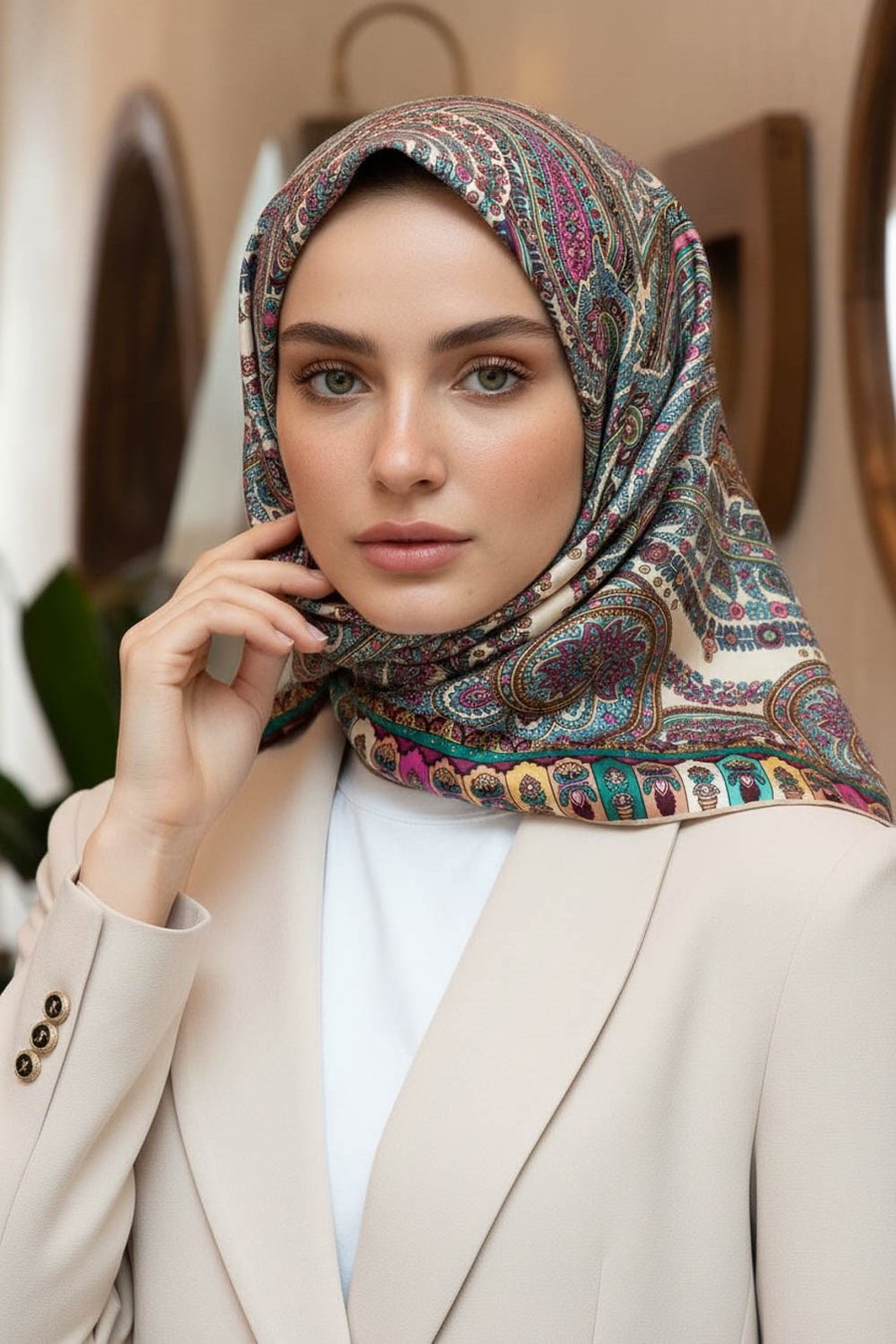 %100 Twill İpek Etro Desenli Vizon - İndigo Renkli 90x90 Eşarp Dikim Şekli : El Dikişi