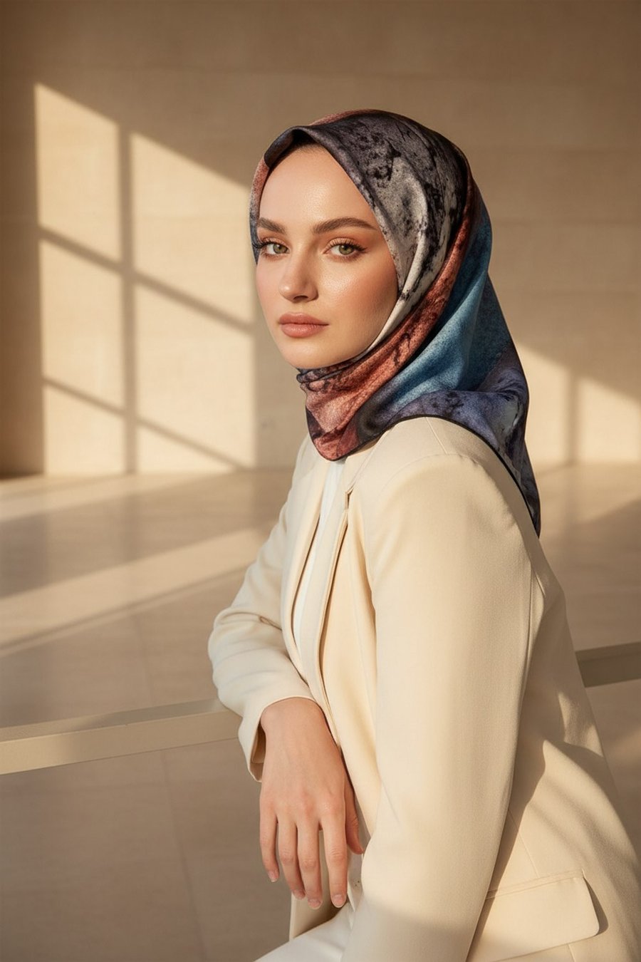 %100 Twill İpek Dokulu Ve Geometrik Desenli Gül Kurusu - İndigo Renkli 90x90 Eşarp Dikim Şekli : El Dikişi