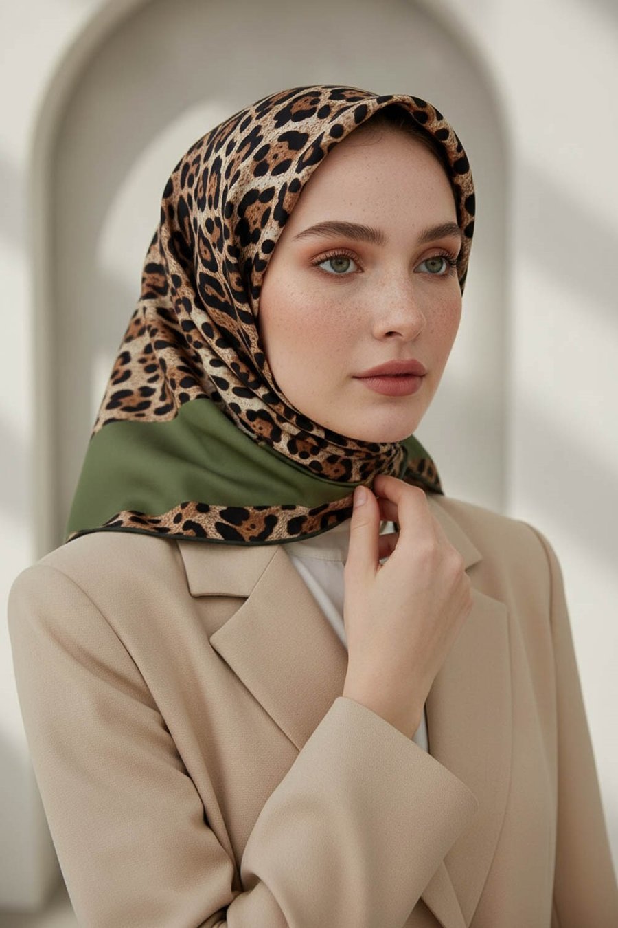 %100 Twill İpek Leopar Desenli Haki Renkli 90x90 Eşarp Dikim Şekli : El Dikişi