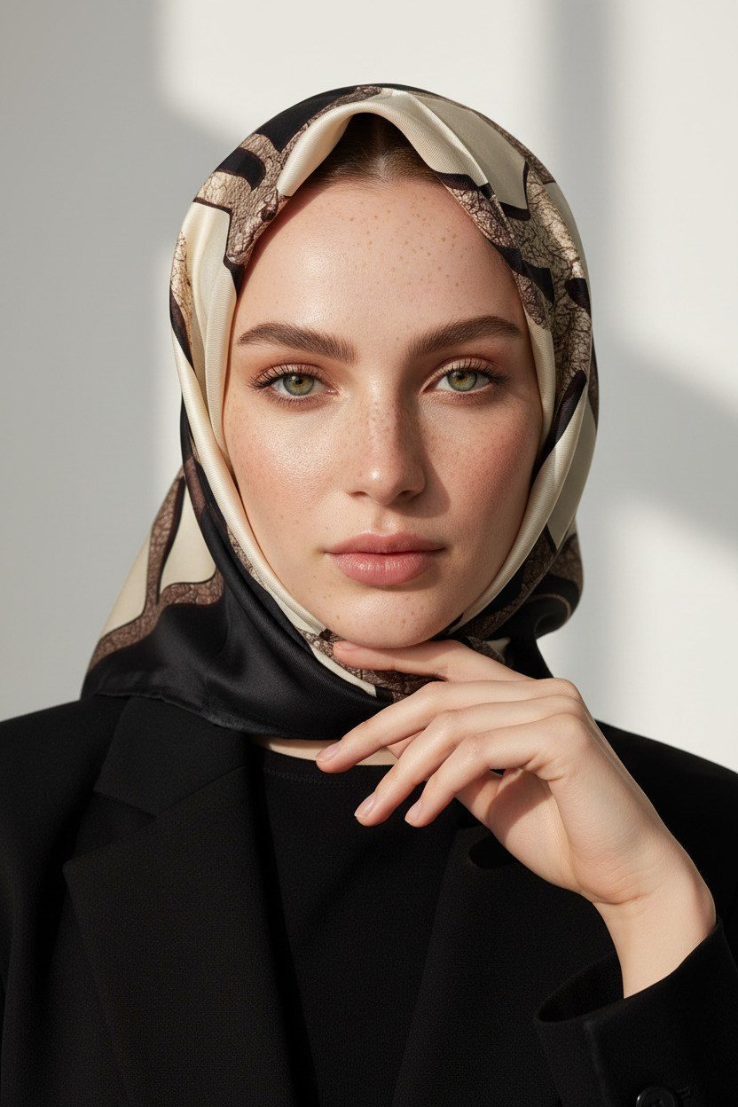% 57 İPEK % 43 VİSKON Twill İpek Gold Efektli Geometrik Desenli Siyah - Krem Renkli 90x90 Eşarp Dikim Şekli : El Dikişi