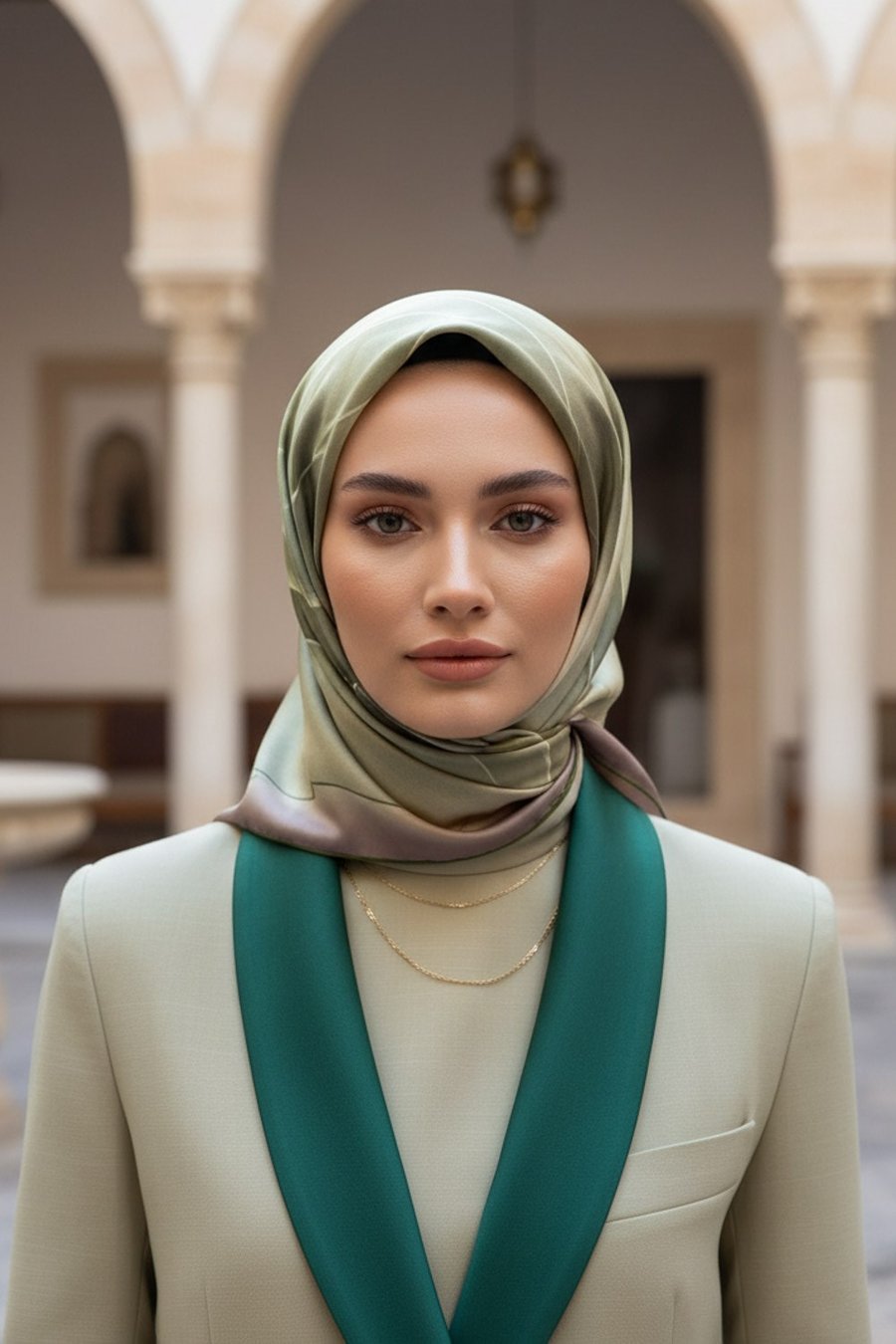 %100 Twill İpek Degrade Duman Haki Yeşili - Zümrüt Yeşili Renkli 90x90 Eşarp Dikim Şekli : El Dikişi