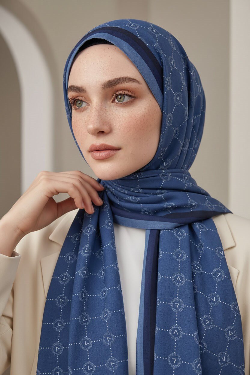 KREP MONOGRAM DESENLİ LACİVERT RENKLİ 75X195 KIRIŞMAZ ŞAL