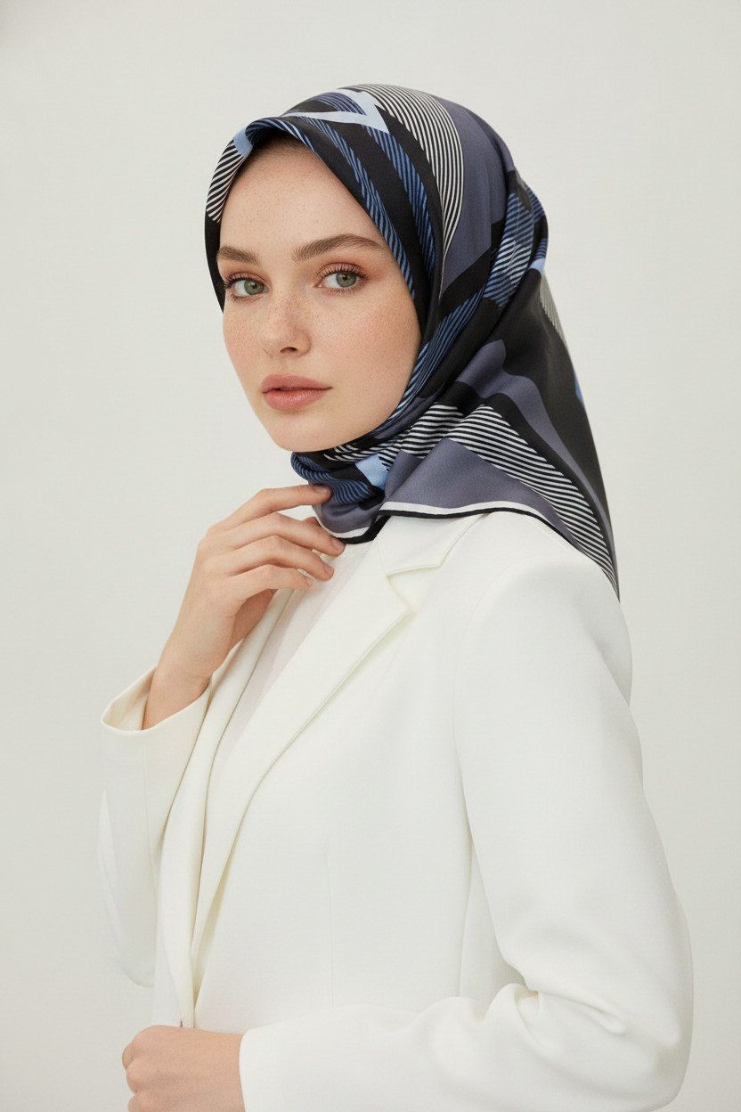 % 57 İPEK % 43 VİSKON Twill İpek Geometrik Desenli İndigo - Siyah Renkli 90x90 Eşarp Dikim Şekli : El Dikişi