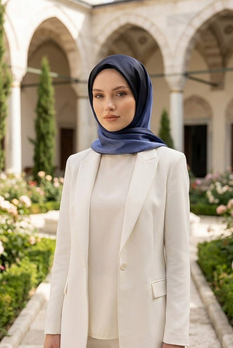 % 57 İPEK % 43 VİSKON Twill İpek Degrade Desenli Lacivert Renkli 90x90 Eşarp Dikim Şekli : El Dikişi