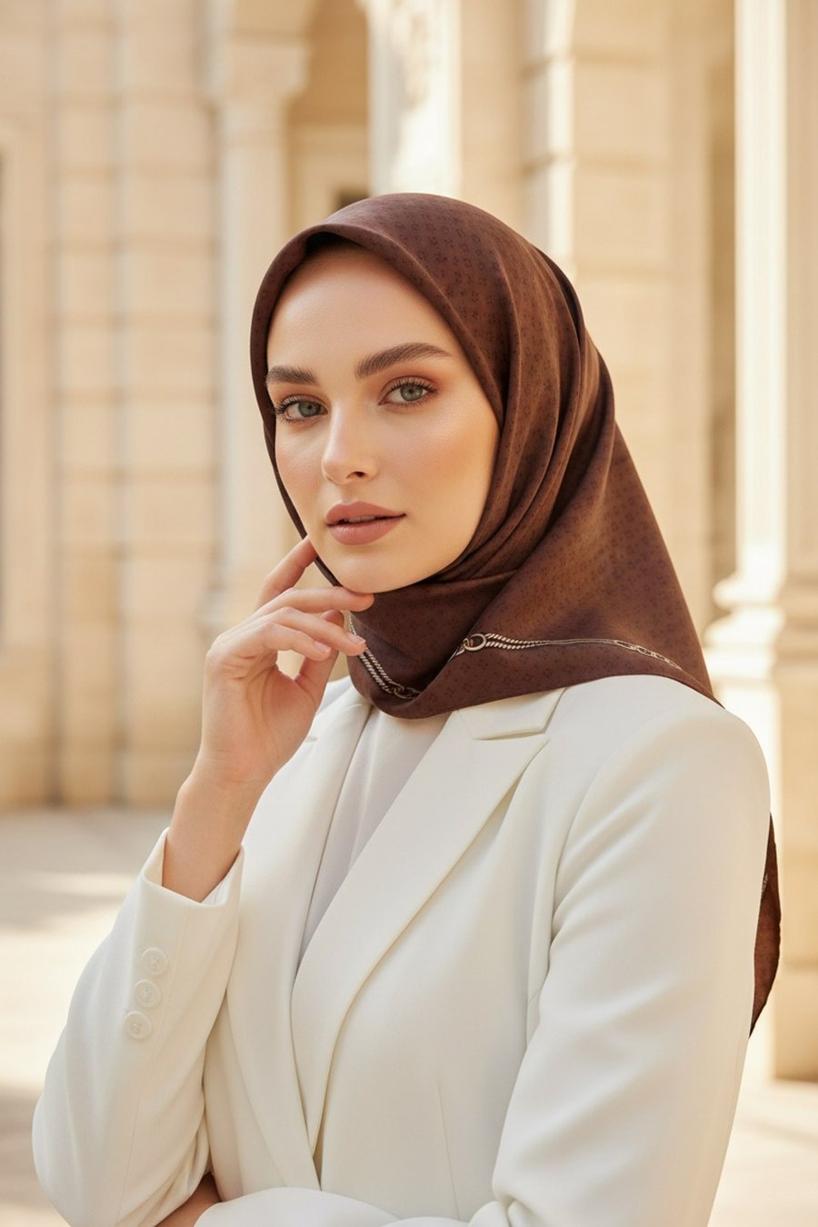 %100 Twill İpek Zincir Desenli Kahverengi Renkli 90x90 Eşarp Dikim Şekli : El Dikişi