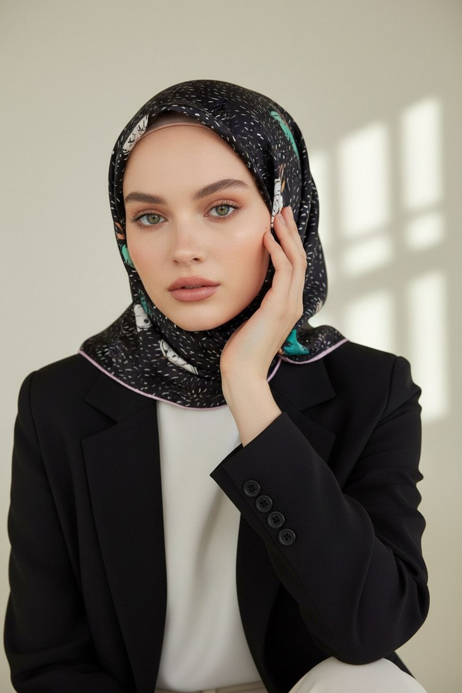 %100 Twill İpek Çıtır Çiçek Desenli Lila - Su Yeşili Renkli 90x90 Eşarp Dikim Şekli : El Dikişi