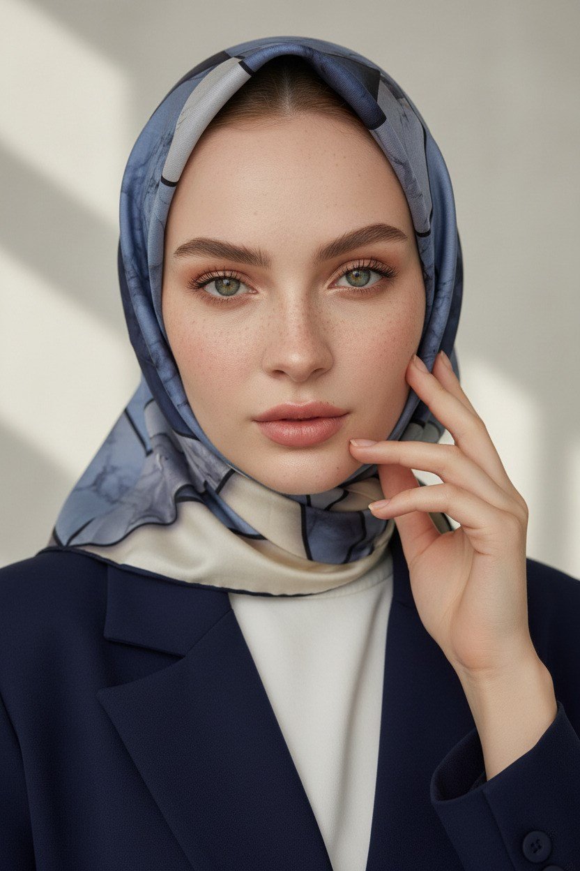 %100 Twill İpek Mermer Desenli İndigo - Lacivert Renkli 90x90 Eşarp Dikim Şekli : El Dikişi