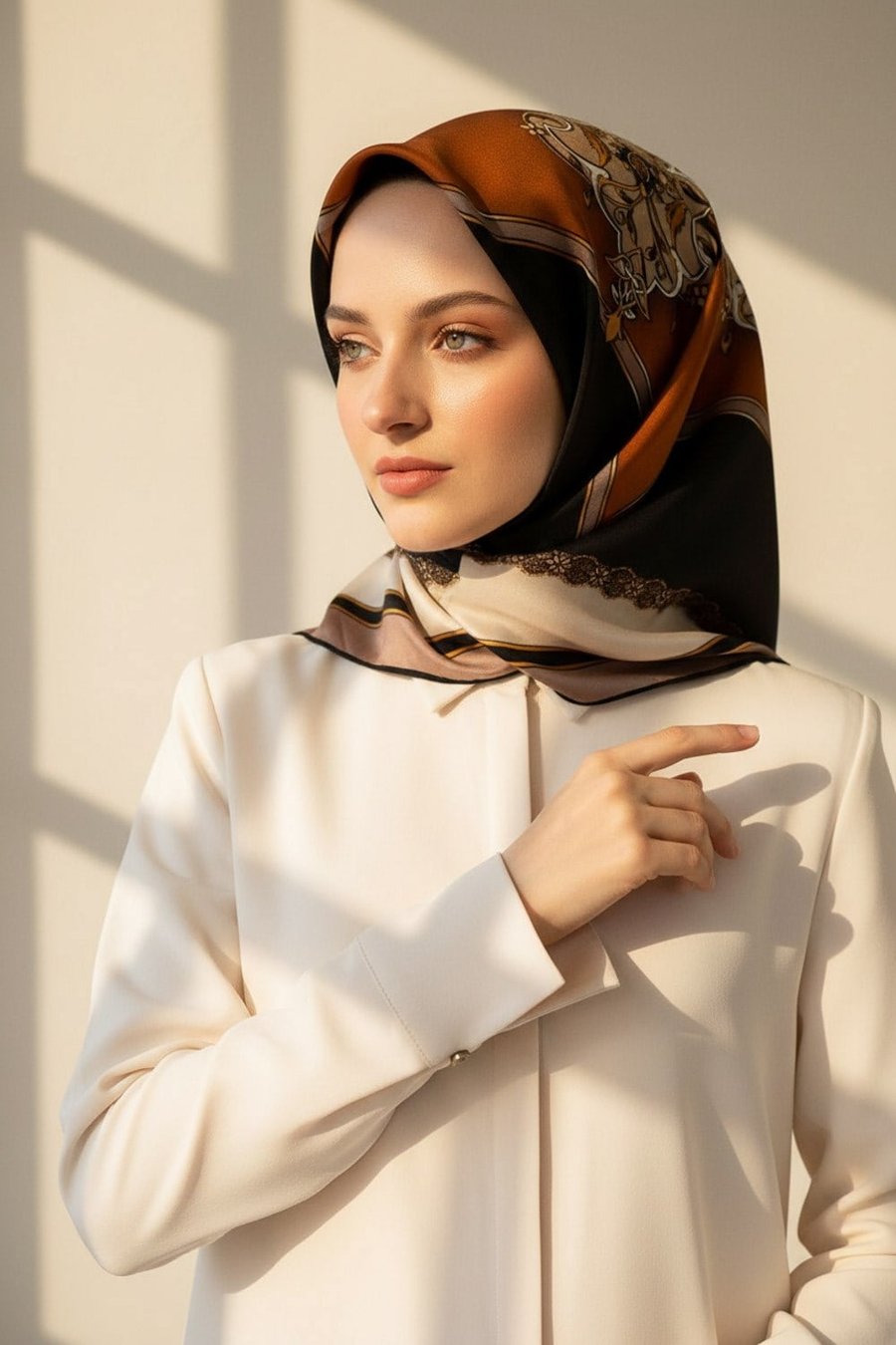 %100 Twill Barok Desenli Taba - Siyah Renkli 90x90 Eşarp Dikim Şekli: El Dikişi