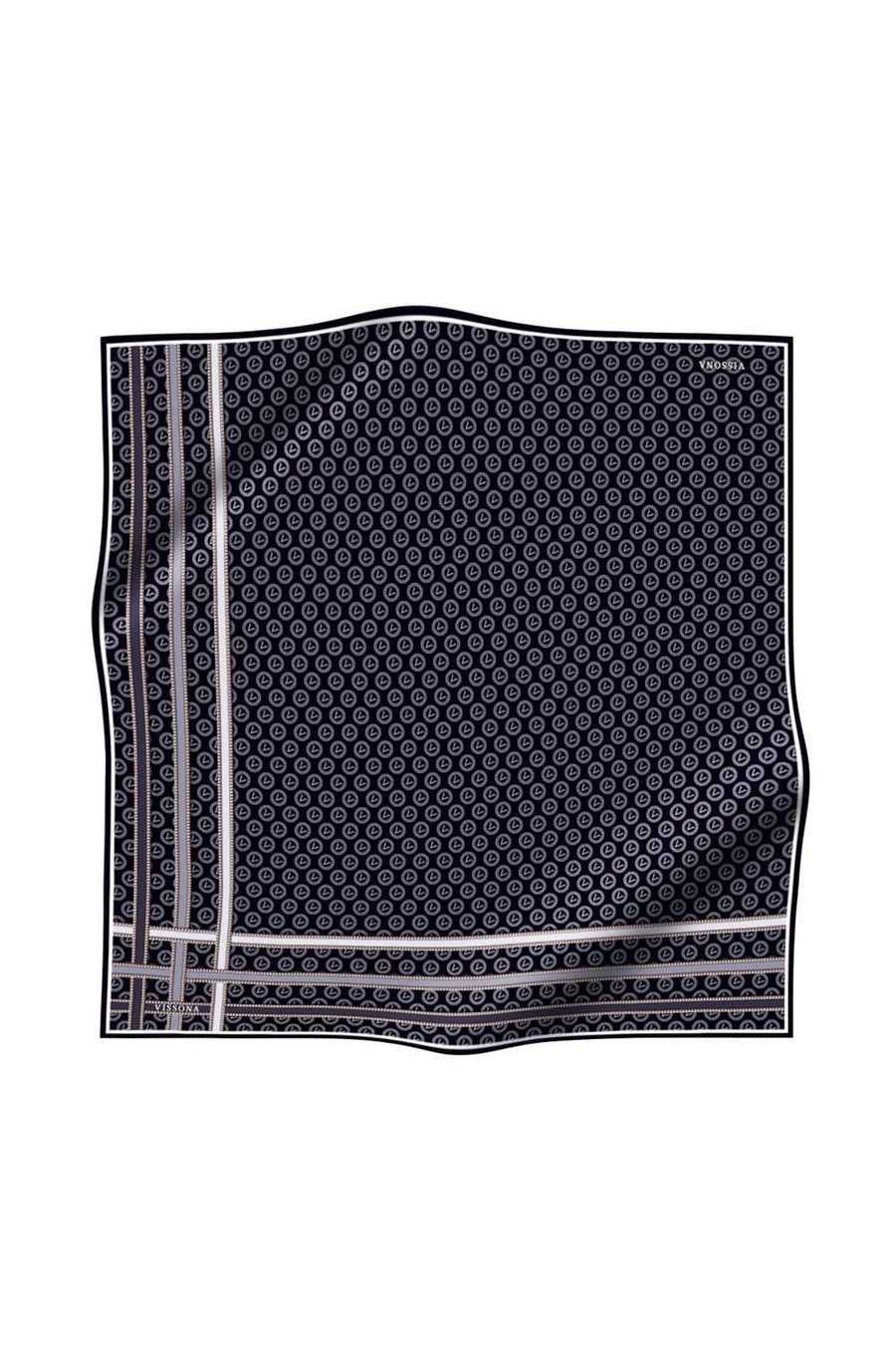%100 Twill İpek Monogram Desenli Siyah - Gri Renkli 90x90 Eşarp Dikim Şekli : El Dikişi