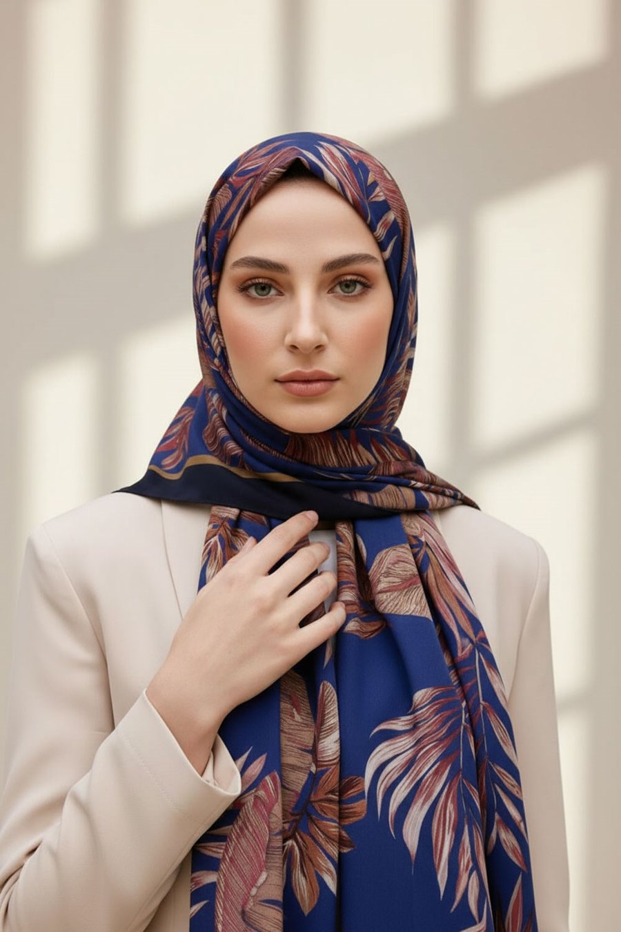 KREP YAPRAK DESENLİ LACİVERT - BORDO RENKLİ 75X195 KIRIŞMAZ ŞAL