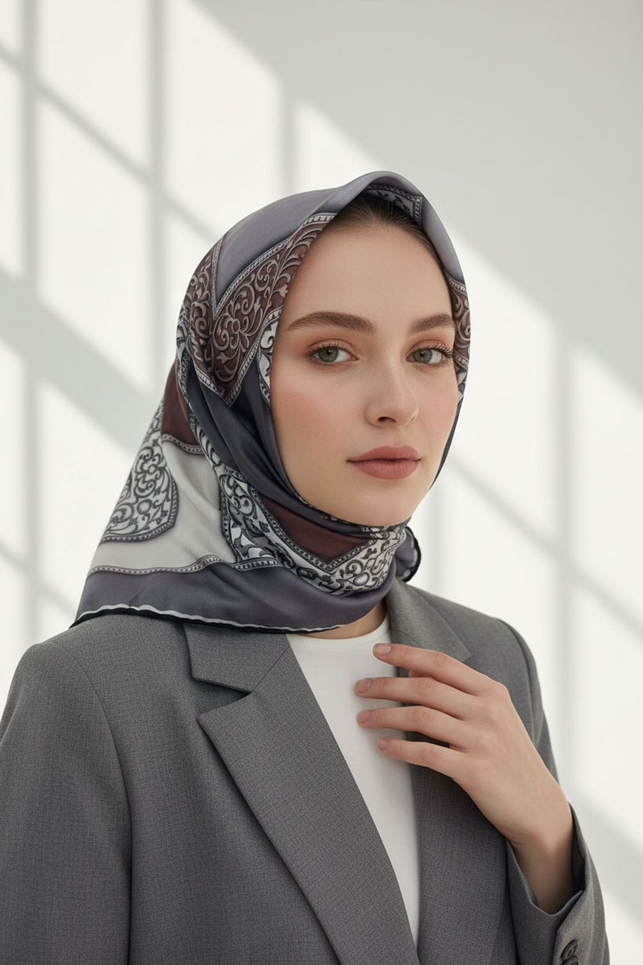 Kristal Geometrik Desenli Gri - Bej Renkli 90x90 Eşarp (İpek İçermez) Kenar Dikiş Şekli El Dikişli