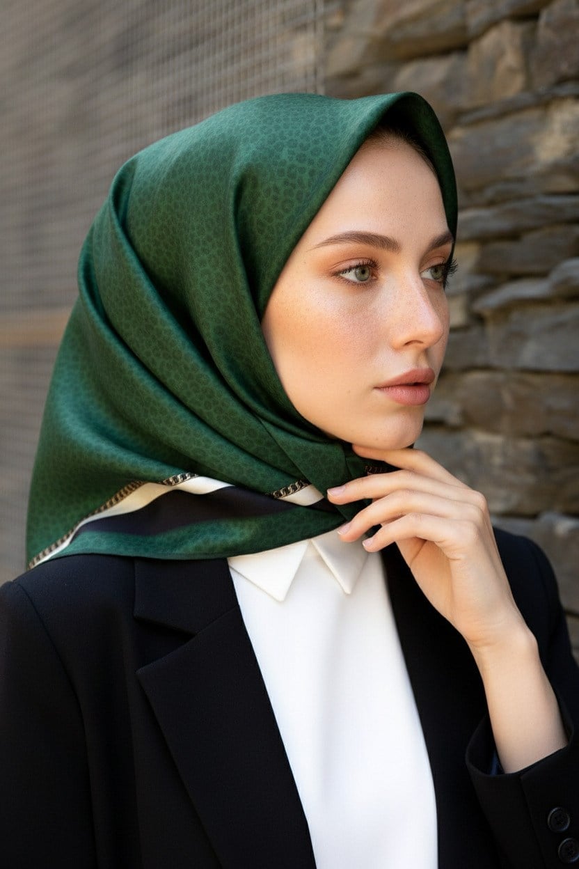 % 57 İPEK % 43 VİSKON Twill İpek Leopar Desenli Zümrüt Yeşili Renkli 90x90 Eşarp Dikim Şekli : El Dikişi