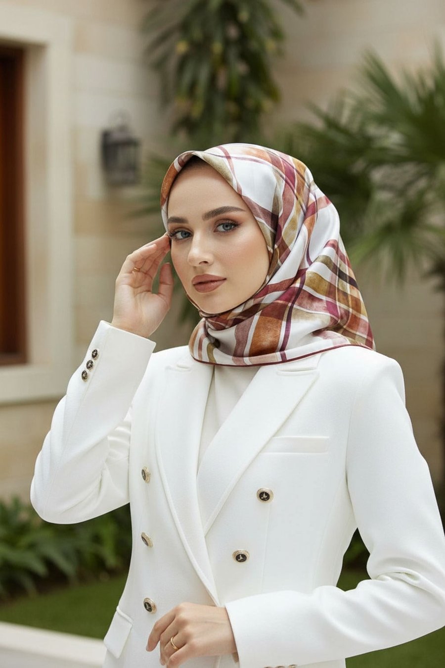 %100 Twill İpek Ekose Desenli Bordo - Haki Renkli 90x90 Eşarp Kenar Dikiş Şekli El Dikişli