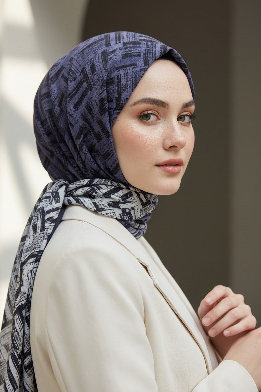 KREP DEGRADELİ ÇİZGİ DESENLİ İNDİGO RENKLİ 75X195 KIRIŞMAZ ŞAL