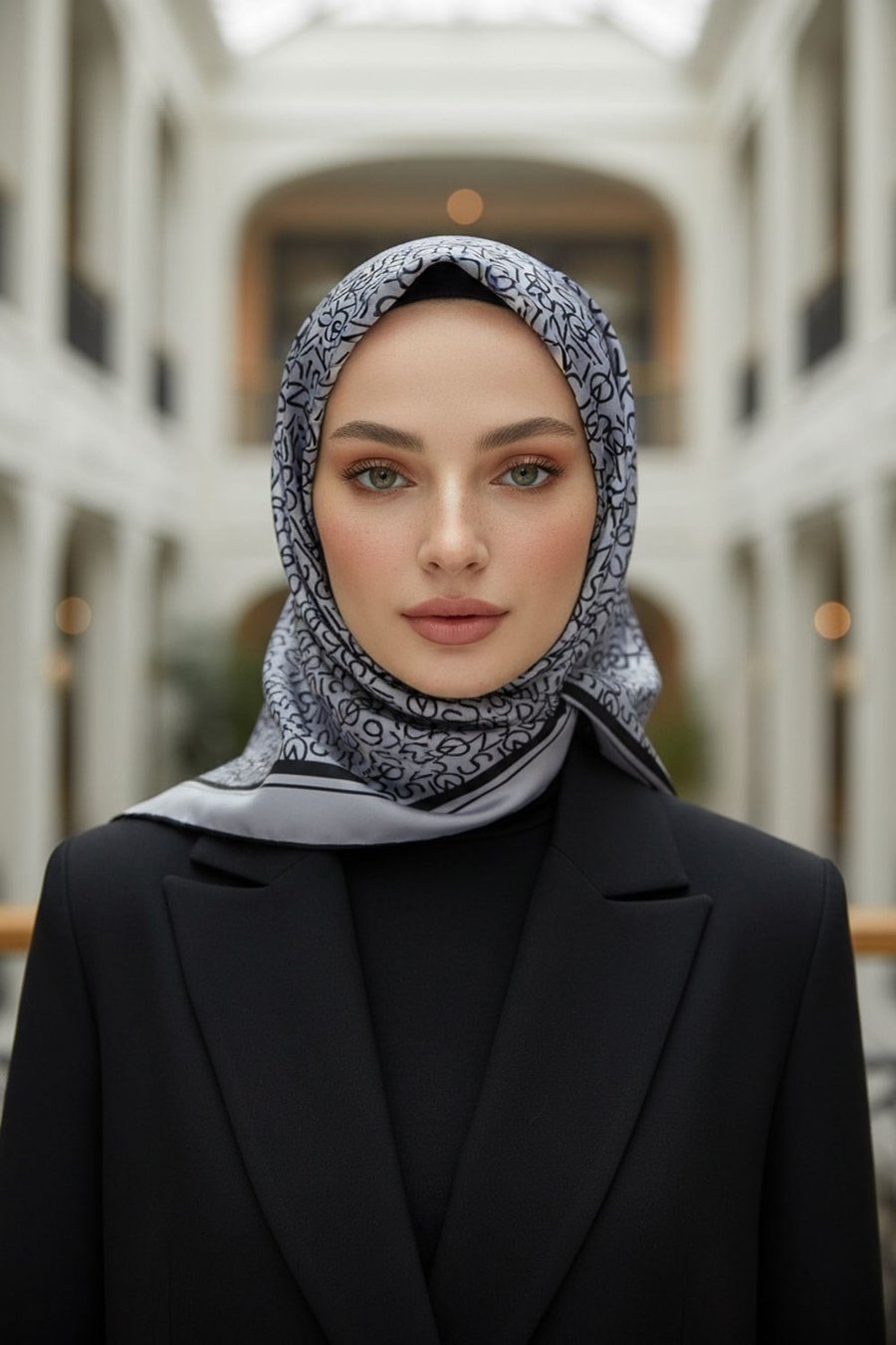 %100 Twill İpek Harf Desenli Gri - Siyah Renkli 90x90 Eşarp Dikim Şekli : El Dikişi