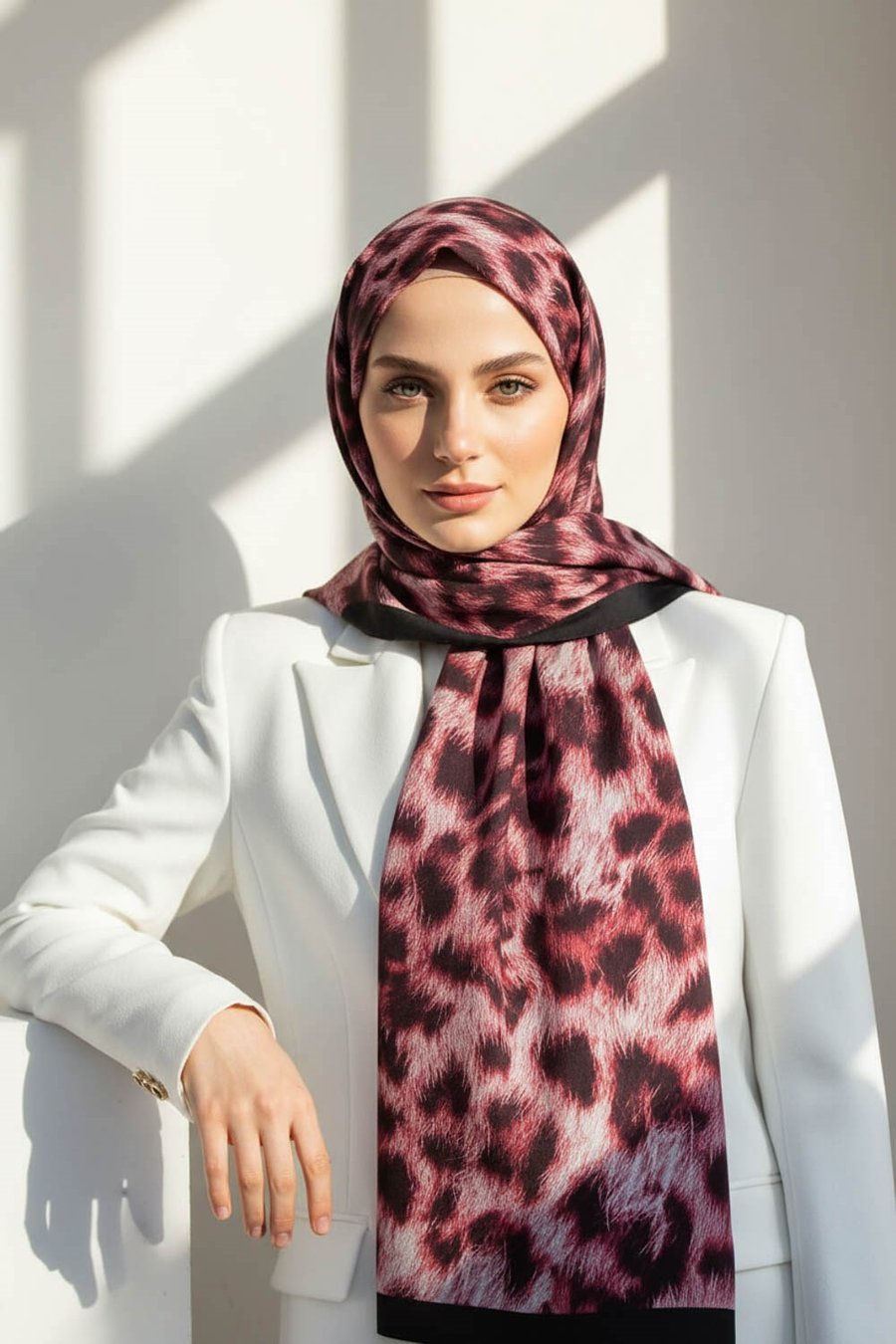 KREP LEOPAR DESENLİ BORDO - SİYAH RENKLİ 75X195 KIRIŞMAZ ŞAL