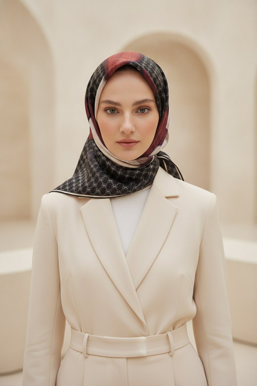 100% Twill Geometrik Halka Desenli Siyah - Bordo Renkli 90x90 Dikim Şekli : El Dikişi Eşarp