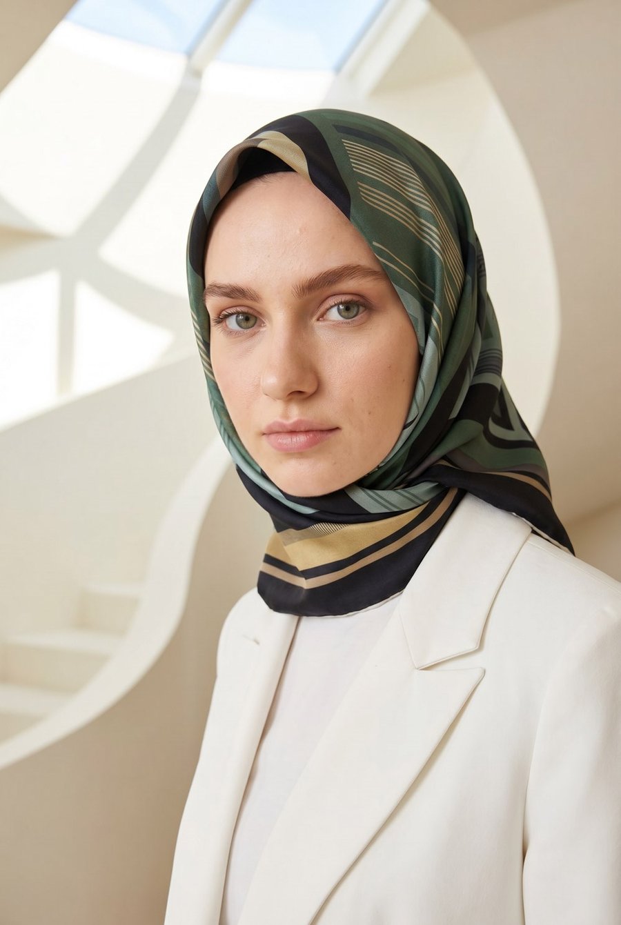%100 Twill İpek Kare Desenli Siyah - Mint Yeşili Renkli 90x90 Eşarp Kenar Dikiş Şekli El Dikişli