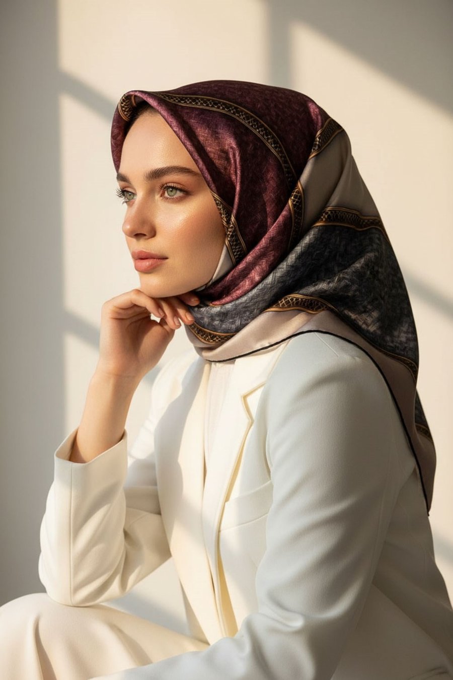 %100 Twill İpek Dokulu Ve Şerit Desenli Gri - Pudra Renkli 90x90 Eşarp Dikim Şekli : El Dikişi