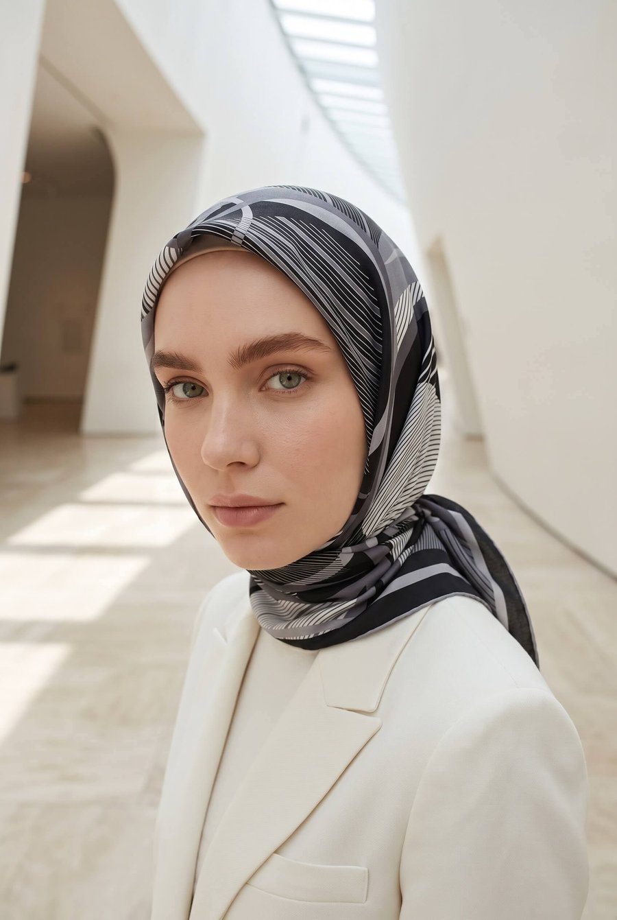 %100 Twill İpek Çizgili Geometrik Desenli Siyah - Füme Renkli 90x90 Eşarp Dikim Şekli : El Dikişi
