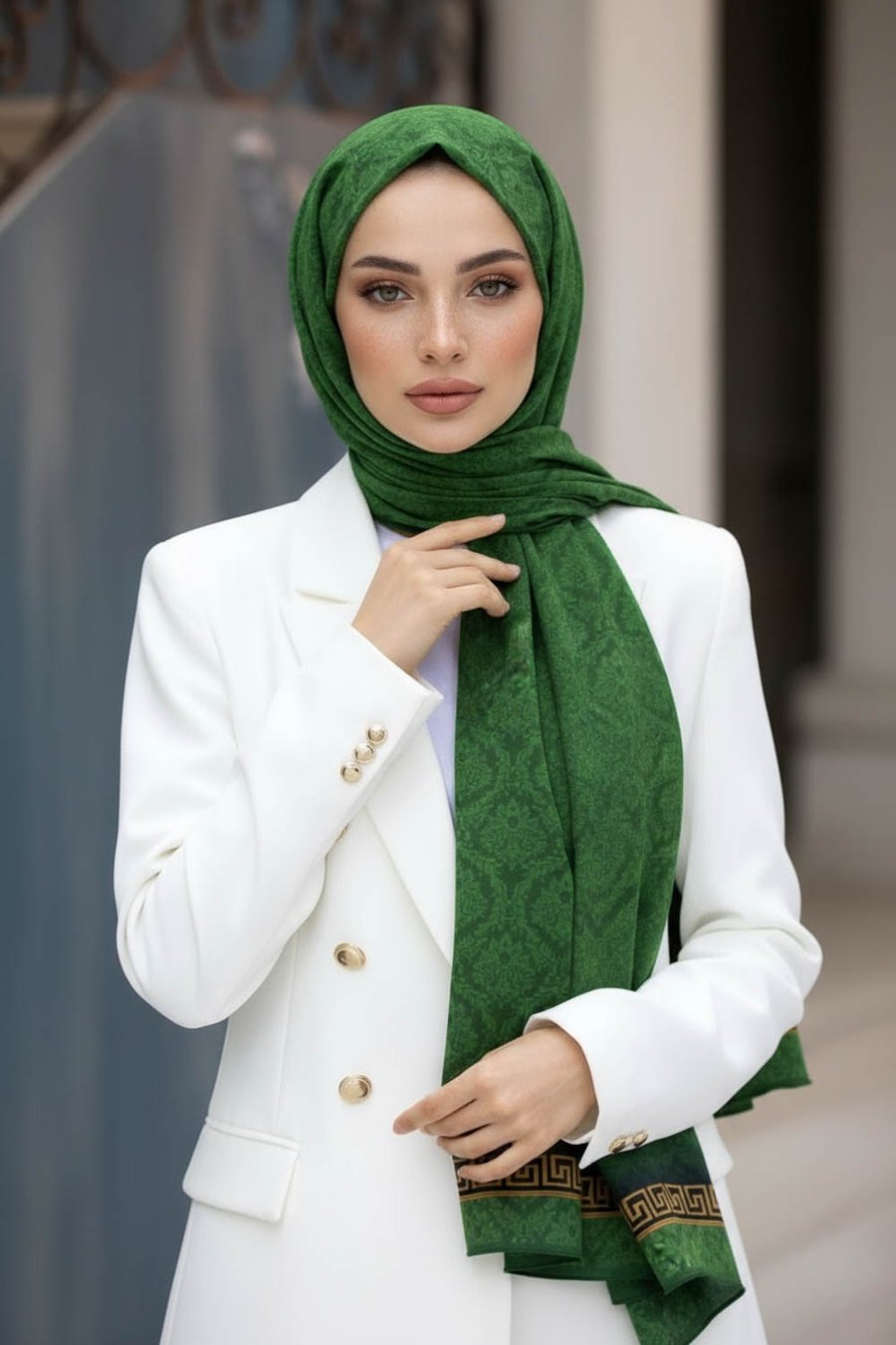 KREP GOLD DETAYLI BAROK DESENLİ ZÜMRÜT YEŞİLİ RENKLİ 75X195 KIRIŞMAZ ŞAL