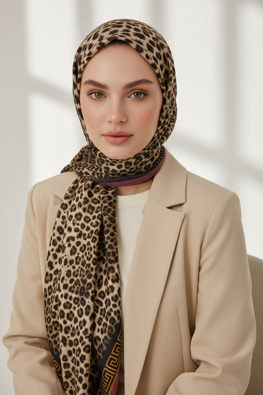KREP BAROK BARDÜRLÜ LEOPAR DESENLİ BEJ - GÜL KURUSU RENKLİ 75X195 KIRIŞMAZ ŞAL