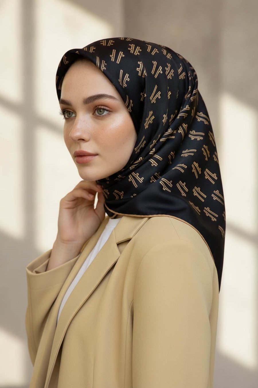 % 57 İPEK % 43 VİSKON Twill İpek Geometrik Desenli Siyah - Gold Renkli 90x90 Eşarp Dikim Şekli : El Dikişi