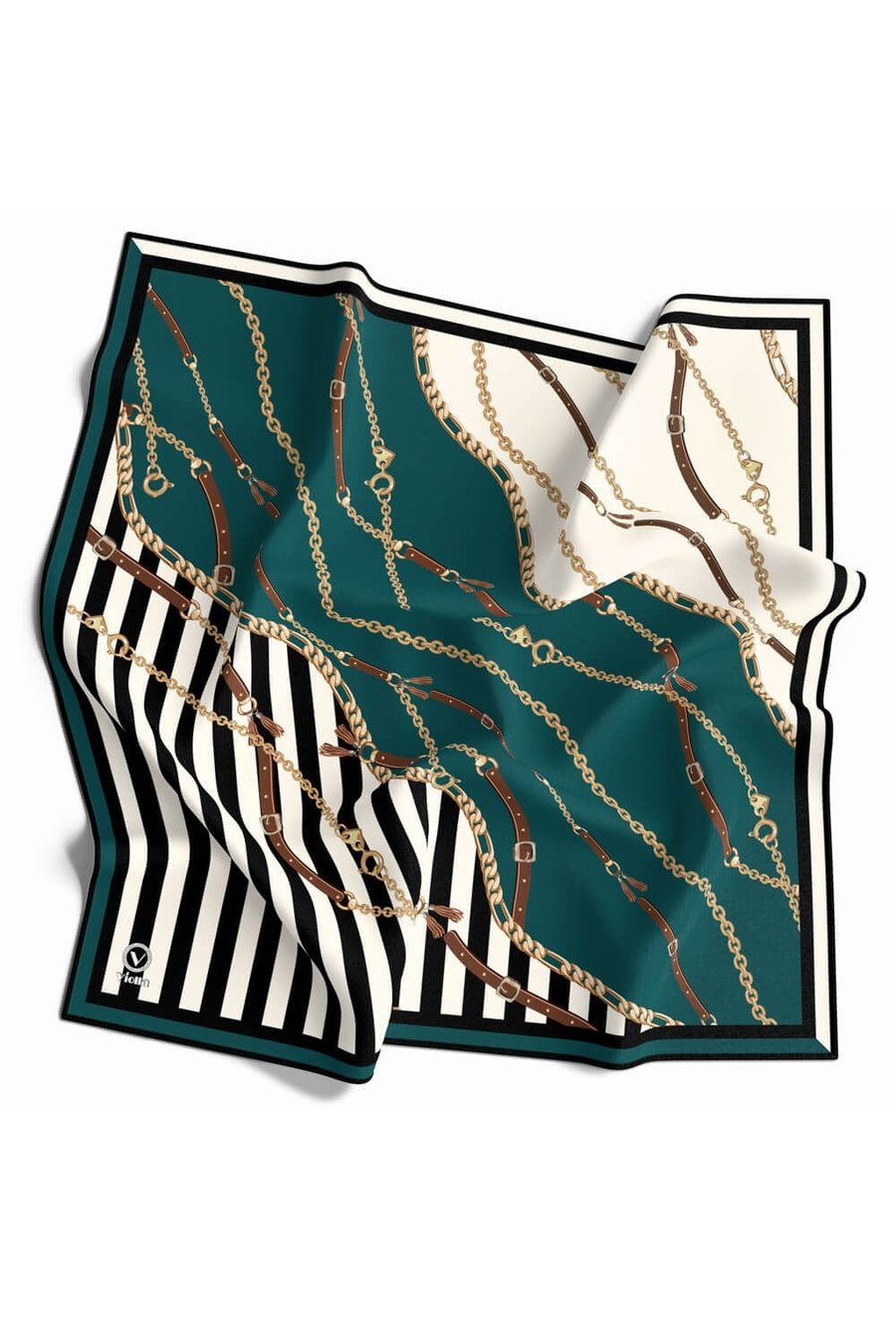 Twill Çizgili Zincir ve Kemer Desenli Petrol Yeşili Renkli 90x90 Eşarp (İpek İçermez) Kenar Dikiş Şekli El Dikişli