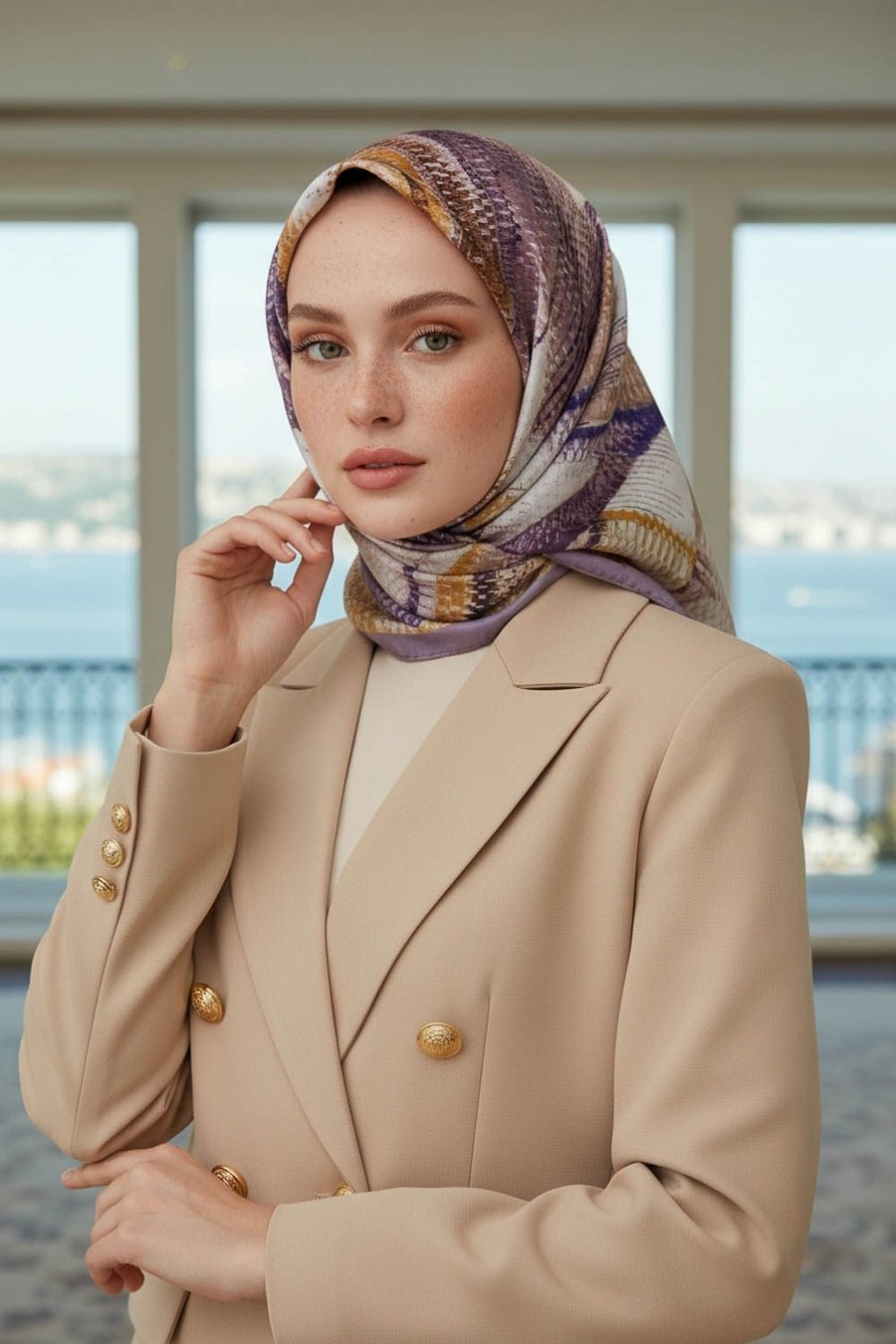 %100 Twill İpek Efektli ve Geometrik Desenli Sirke - Hardal Renkli 90x90 Eşarp Dikim Şekli : El Dikişi