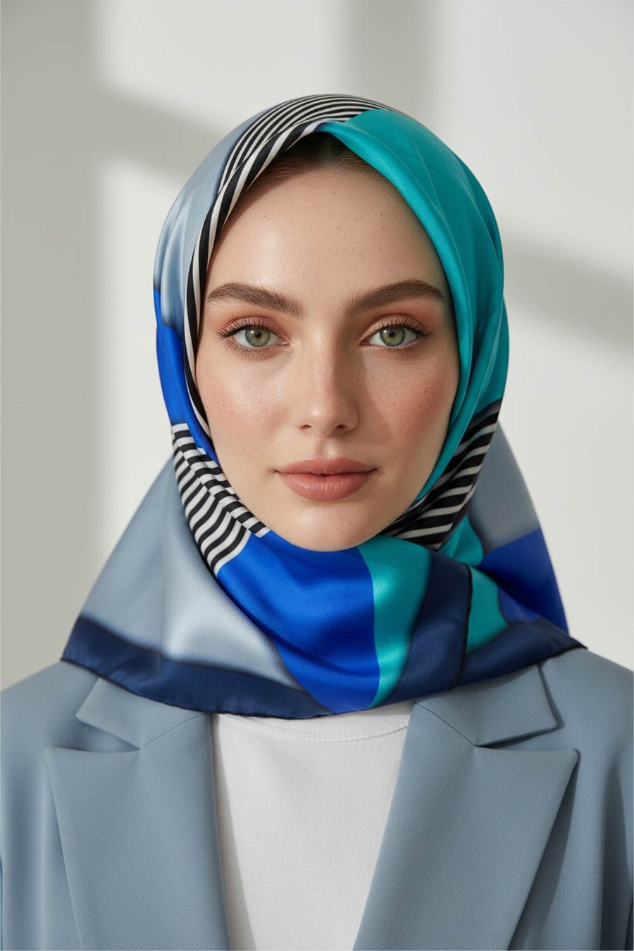 %100 Twill İpek Çizgili ve Geometrik Desenli Saks - Mint Yeşili Renkli 90x90 Eşarp Dikim Şekli : El Dikişi