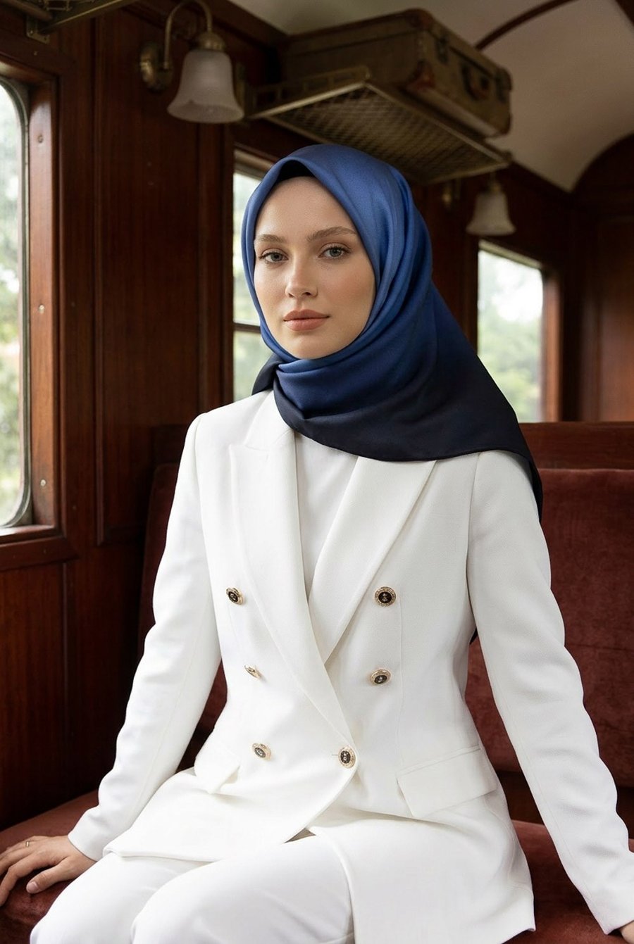 % 57 İPEK % 43 VİSKON Twill İpek Degrade Desenli Lacivert - Buz Mavisi Renkli 90x90 Eşarp Dikim Şekli : El Dikişi