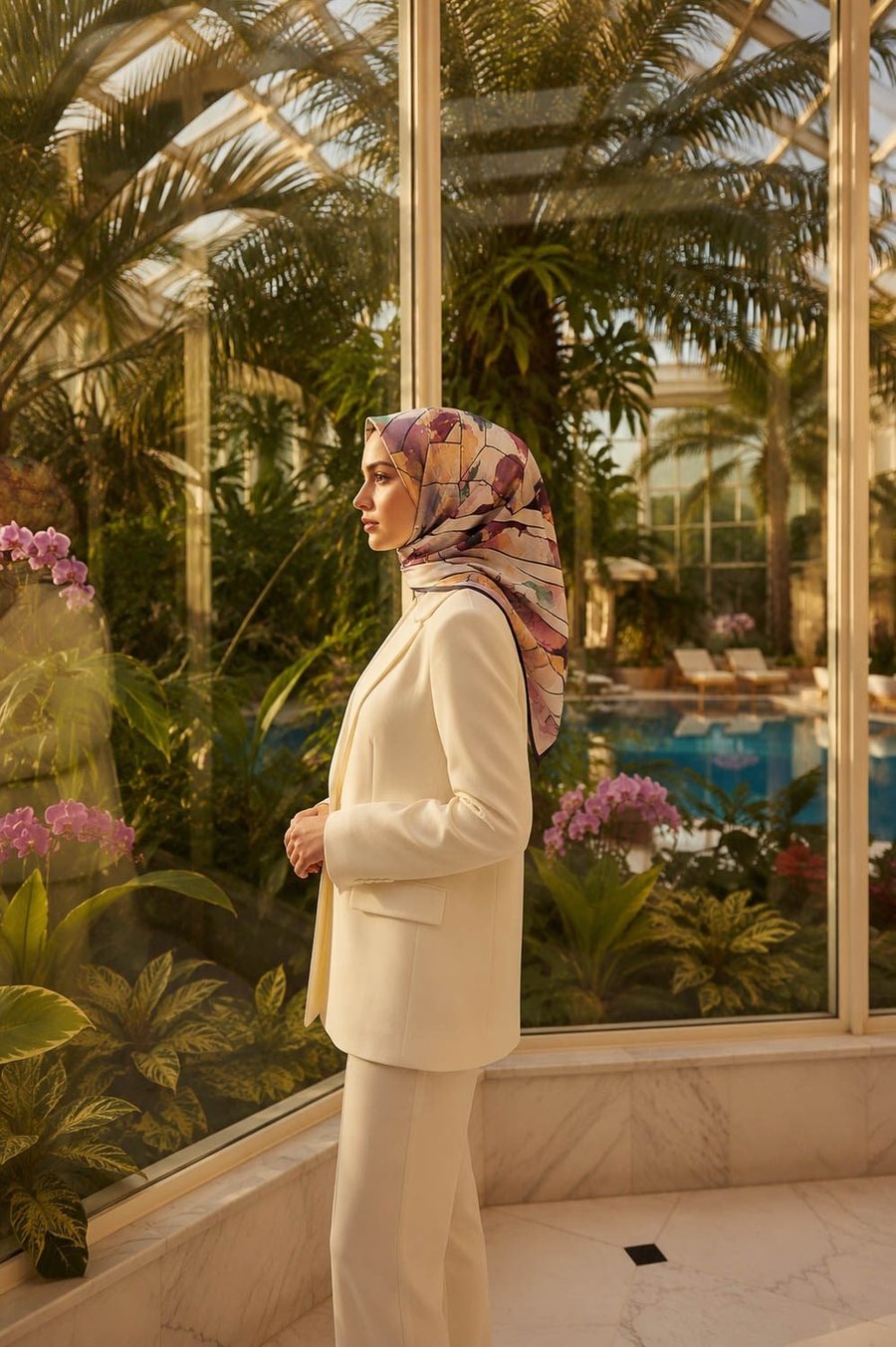 %100 Twill İpek Bahar Çiçekleri Desenli Gül Kurusu - Bej Renkli 90x90 Eşarp Kenar Dikiş Şekli El Dikişli