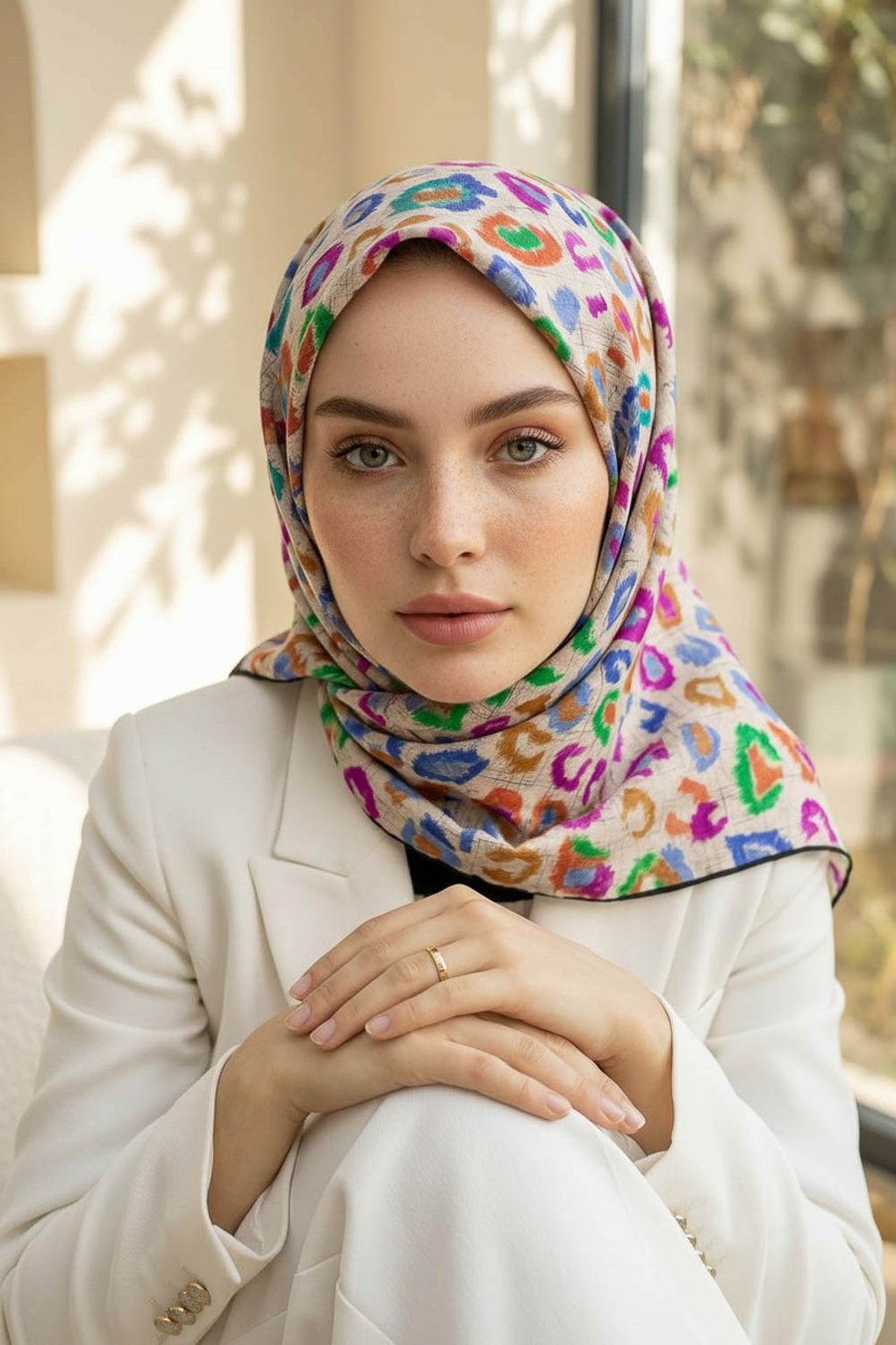 %100 Twill İpek Renkli Leopari Desenli Turuncu - Saks Renkli 90x90 Eşarp Kenar Dikiş Şekli El Dikişli