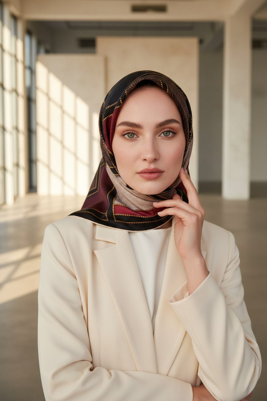 100% Twill İpek Gold Detaylı Kare Desenli Siyah - Bordo Renkli 90x90 Dikim Şekli : El Dikişi