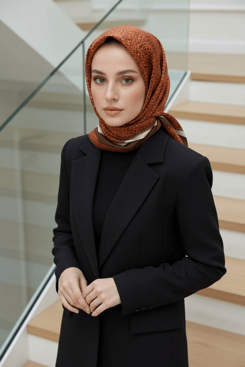 %100 Twill İpek Leopar Desenli Taba - Kahverengi Renkli 90x90 Eşarp Dikim Şekli : El Dikişi