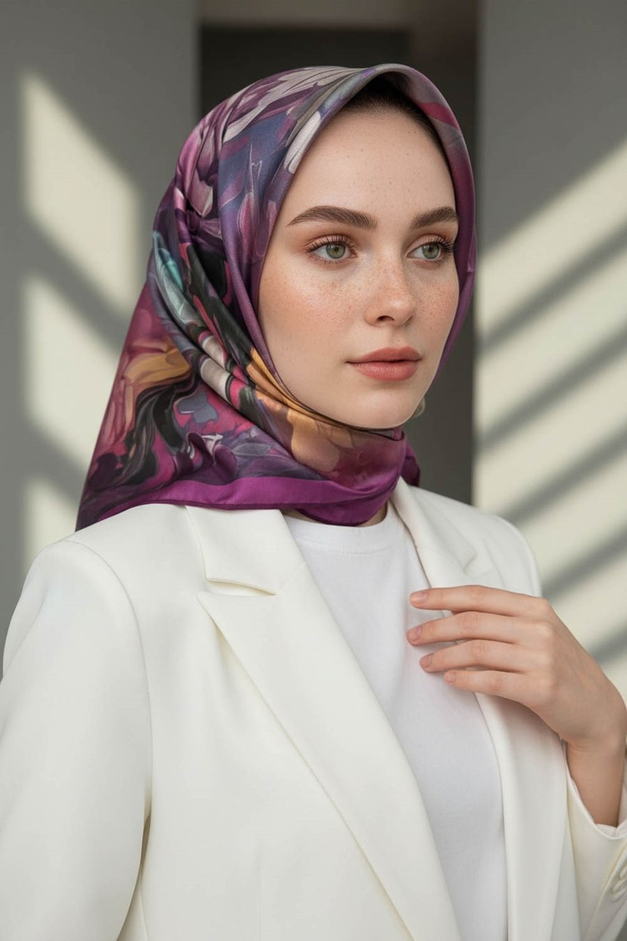 %100 Twill İpek Dumanlı Çiçek Desenli Mürdüm Renkli 90x90 Eşarp Kenar Dikiş Şekli El Dikişli