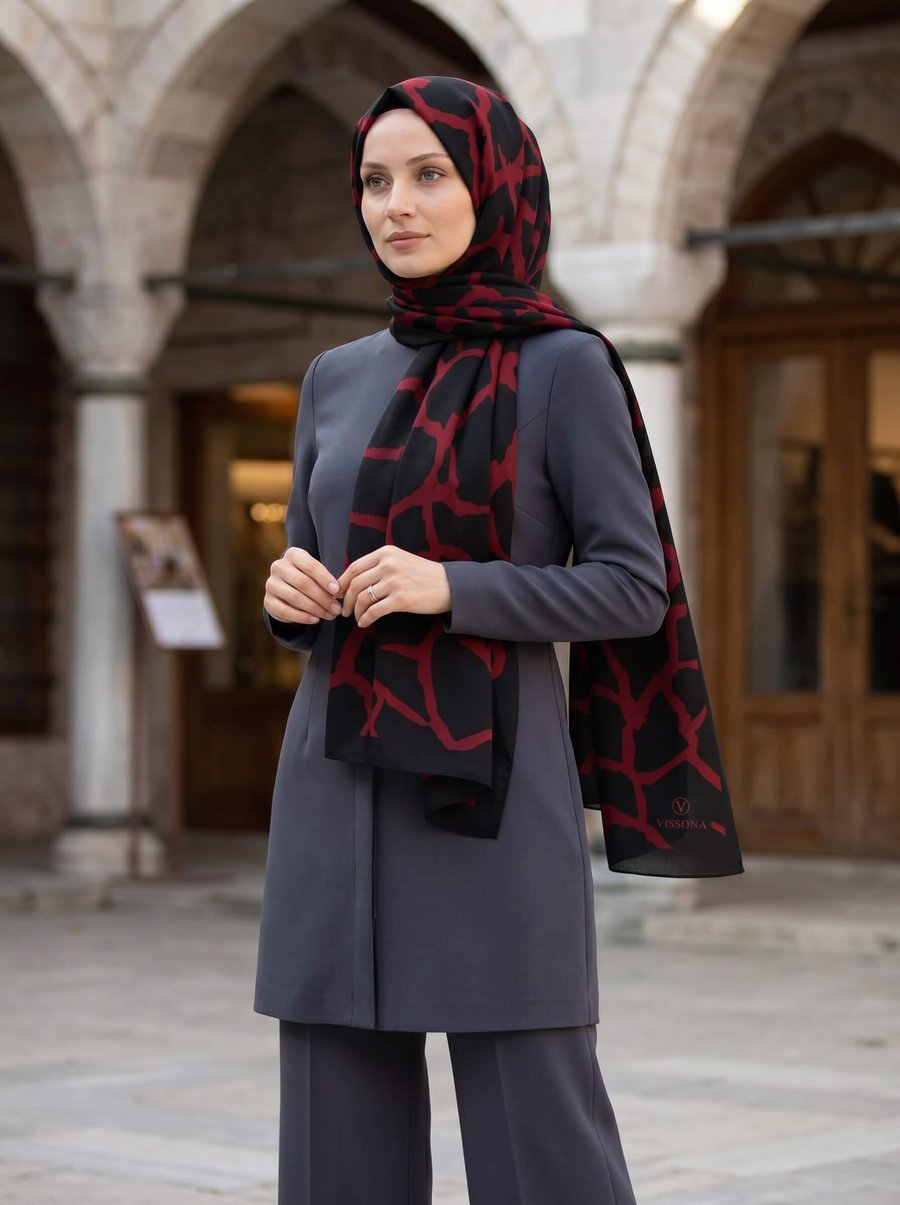 KREP TAŞ DESENLİ SİYAH - KIRMIZI RENKLİ 75X195 KIRIŞMAZ ŞAL