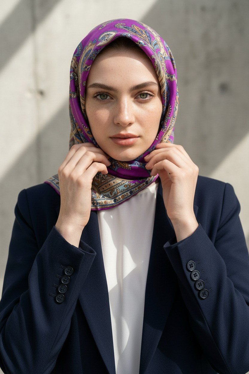 %100 Twill İpek Şal Desenli Fuşya Renkli 90x90 Eşarp Dikim Şekli : El Dikişi