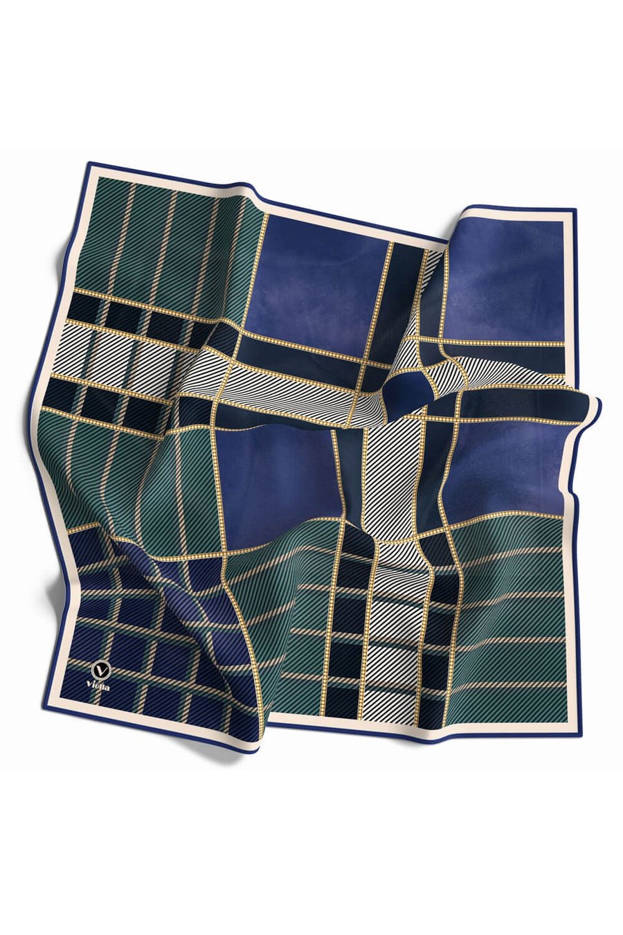 Kristal Geometrik  Desenli İndigo - Petrol Yeşili Renkli 90x90 Eşarp (İpek İçermez) Kenar Dikiş Şekli El Dikişli