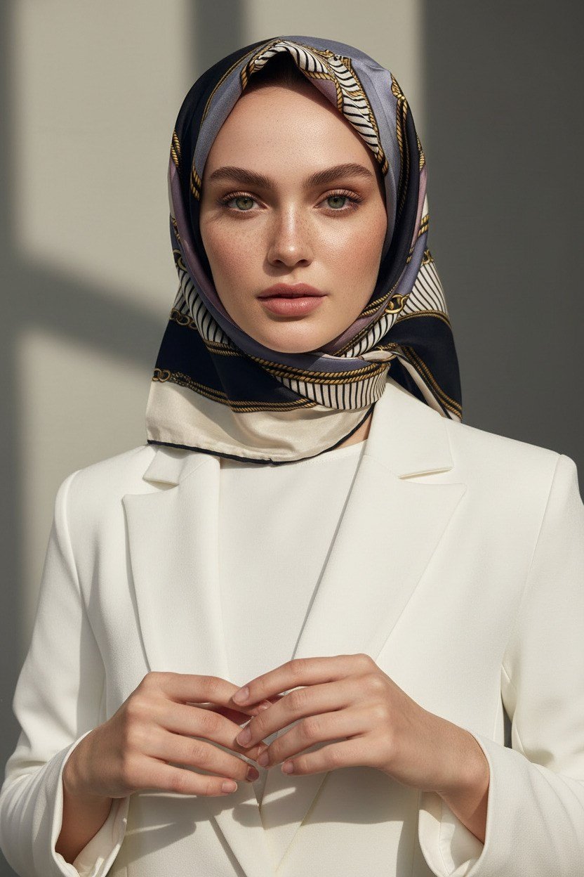 %100 Twill İpek Zincir Detaylı Geometrik Desenli Gri - Pudra Renkli 90x90 Eşarp Dikim Şekli : El Dikişi