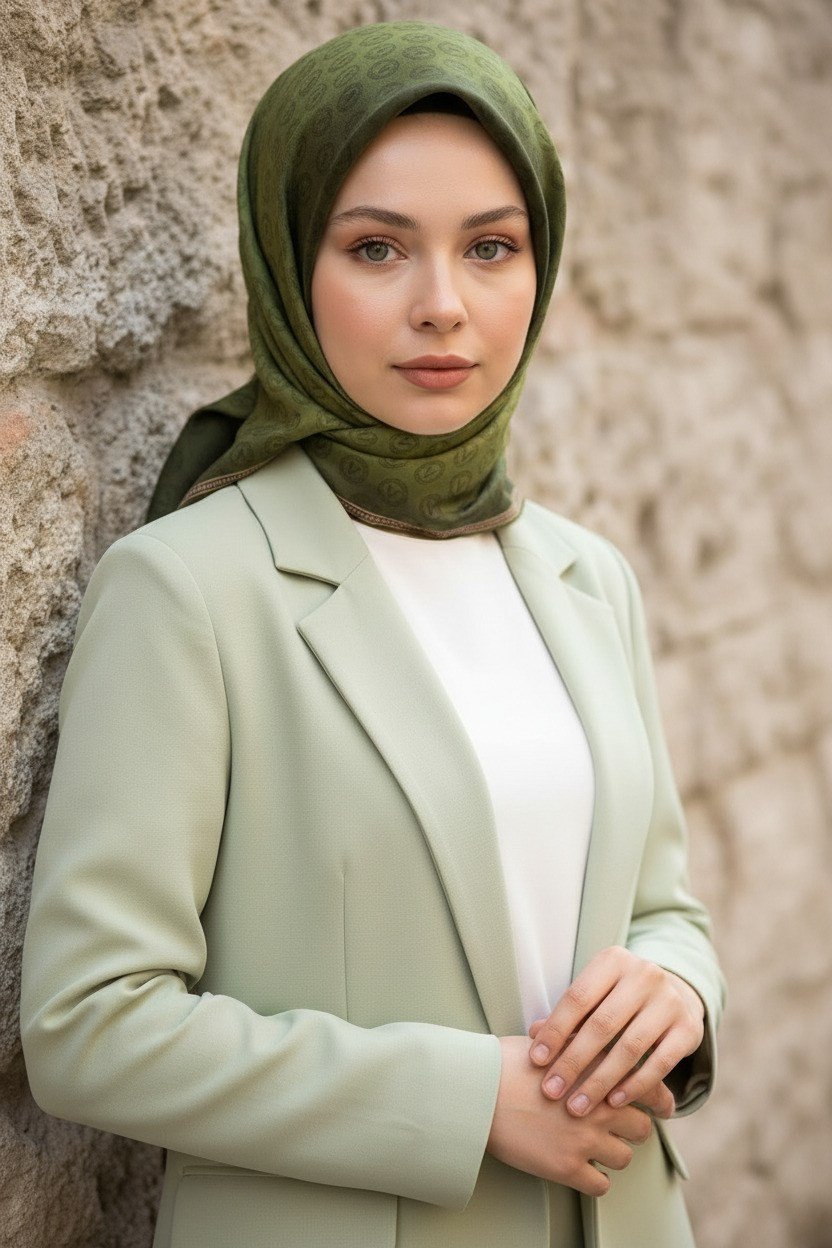 %100 Twill İpek Monogram Desenli Haki  Renkli 90x90 Eşarp Dikim Şekli : El Dikişi