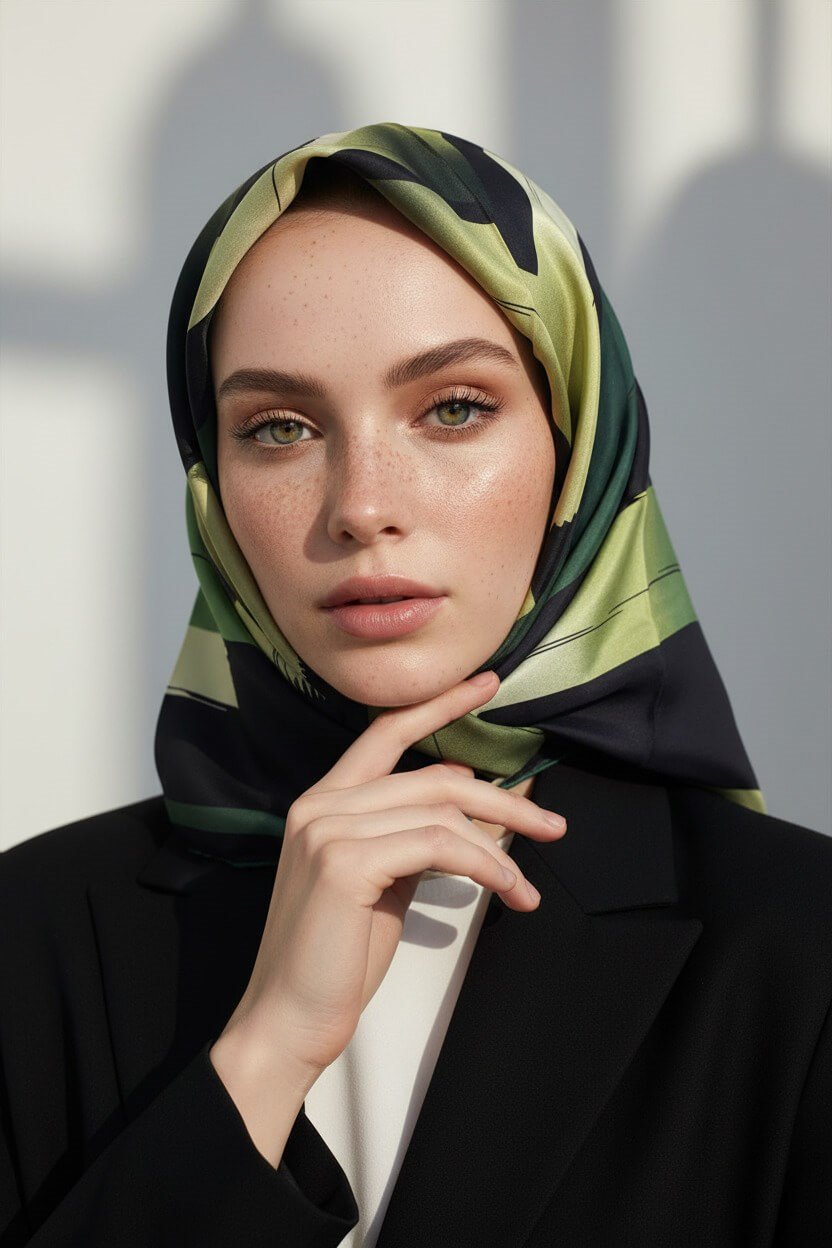 %100 Twill İpek Geometrik Fırça İzi Desenli Siyah - Zümrüt Yeşili Renkli 90x90 Eşarp Dikim Şekli : El Dikişi