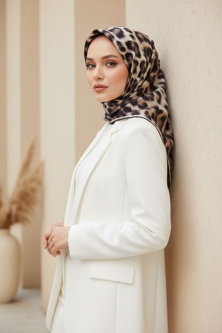 % 57 İPEK % 43 VİSKON Twill İpek Leopar Desenli Bej - Siyah  Renkli 90x90 Eşarp Dikim Şekli : El Dikişi