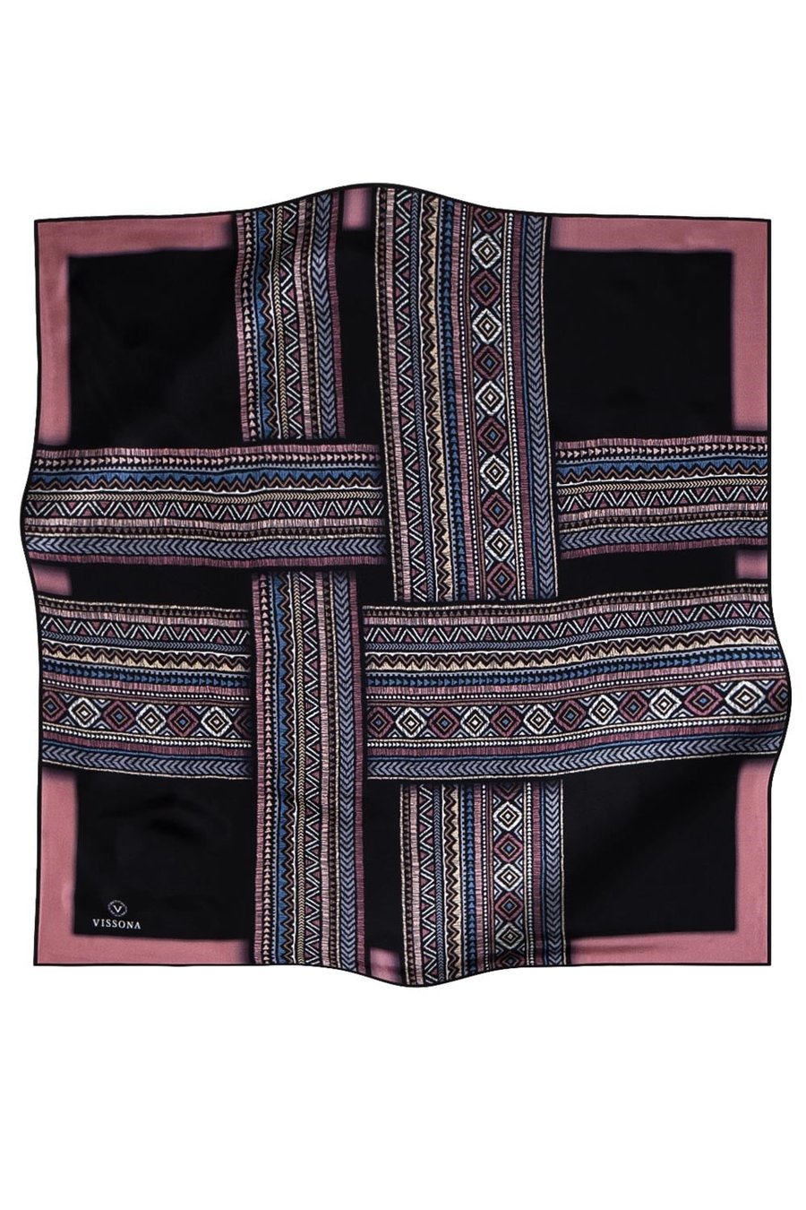 %100 Twill İpek Etnik Desenli Gül Kurusu - Siyah Renkli 90x90 Eşarp Dikim Şekli : El Dikişi