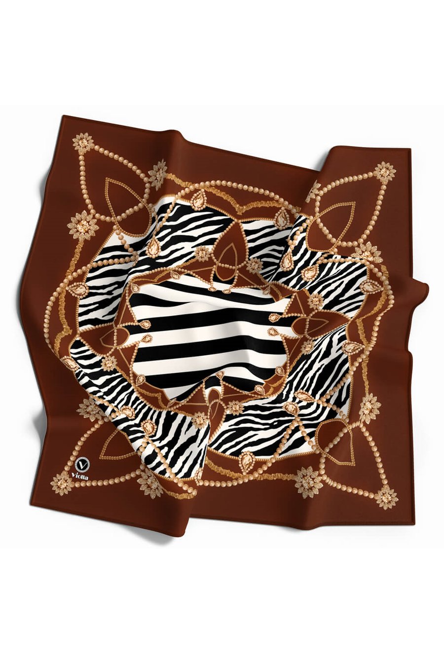Twill Gold Detaylı Zebra Desenli Taba Renkli 90x90 Eşarp (İpek İçermez) Kenar Dikiş Şekli El Dikişli
